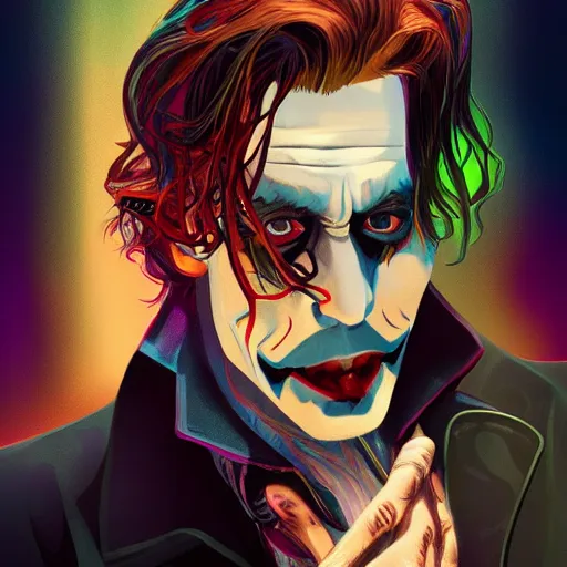 Prompt: Johnny Depp as The Joker, ambient lighting, 4k, alphonse mucha, lois van baarle, ilya kuvshinov, rossdraws, artstation