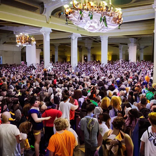 Image similar to crowd of people worshipping the flying spaghetti monster