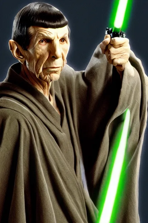 Image similar to photorealistic!! leonard nimoy as a jedi knight, brown jedi robe, holding a green lightsaber, film quality