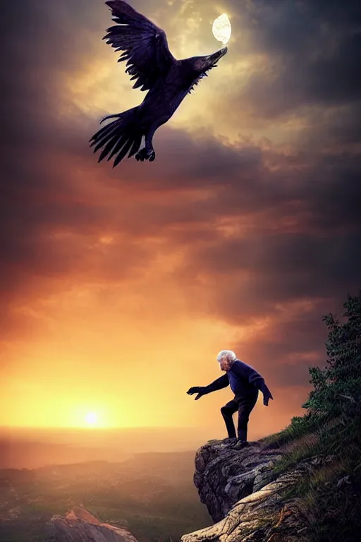 Image similar to elderly man falling off a cliff, tragic moment, 8 k, art by artgerm, award winning photo, sunset in background, wolfs growling on cliff edge, ravens in the sky, highly - detailed