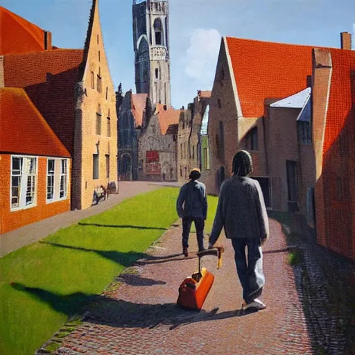 Image similar to bob marley walking in bruges, painted by scott listfield, sunny, happy