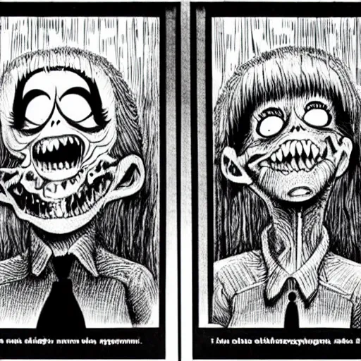 Prompt: Children's cartoon but its incredibly scary, meant to traumatize them, Junji Ito and Laurie Lipton