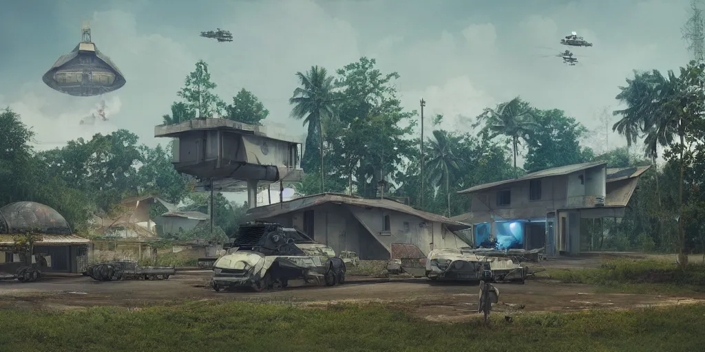 Image similar to a militarised spaceship parked infront of a house in a kerala village, photorealistic, 4k, matte painting, cinematic by simon stalenhag