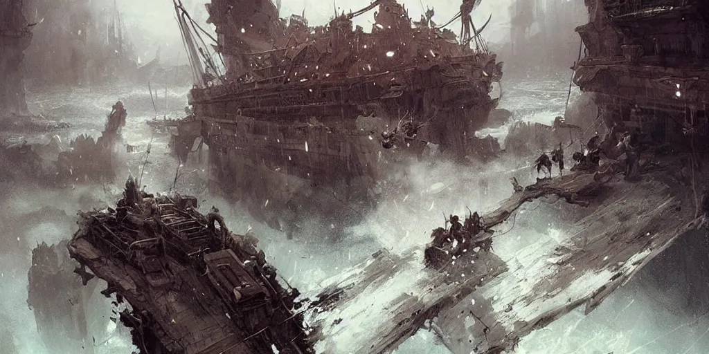 Prompt: fighting giant rats on a rotten ship deck, dark fantasy, digital art by Greg Rutkowski