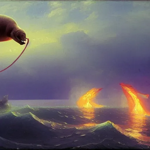 Image similar to Walrus jumping out of the ocean backwards wielding a flamethrower, volumetric lighting, RTX, neon lights, painting by Ivan Aivazovsky