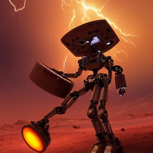 Image similar to UHD closeup of a Photorealistic Robot playing Drums during a wicked lightning storm on Mars, with a cool pose, by Antonio Caparo and Ferdinand Knab and Greg Rutkowski, UHD, photorealistic, trending on artstation, trending on deviantart