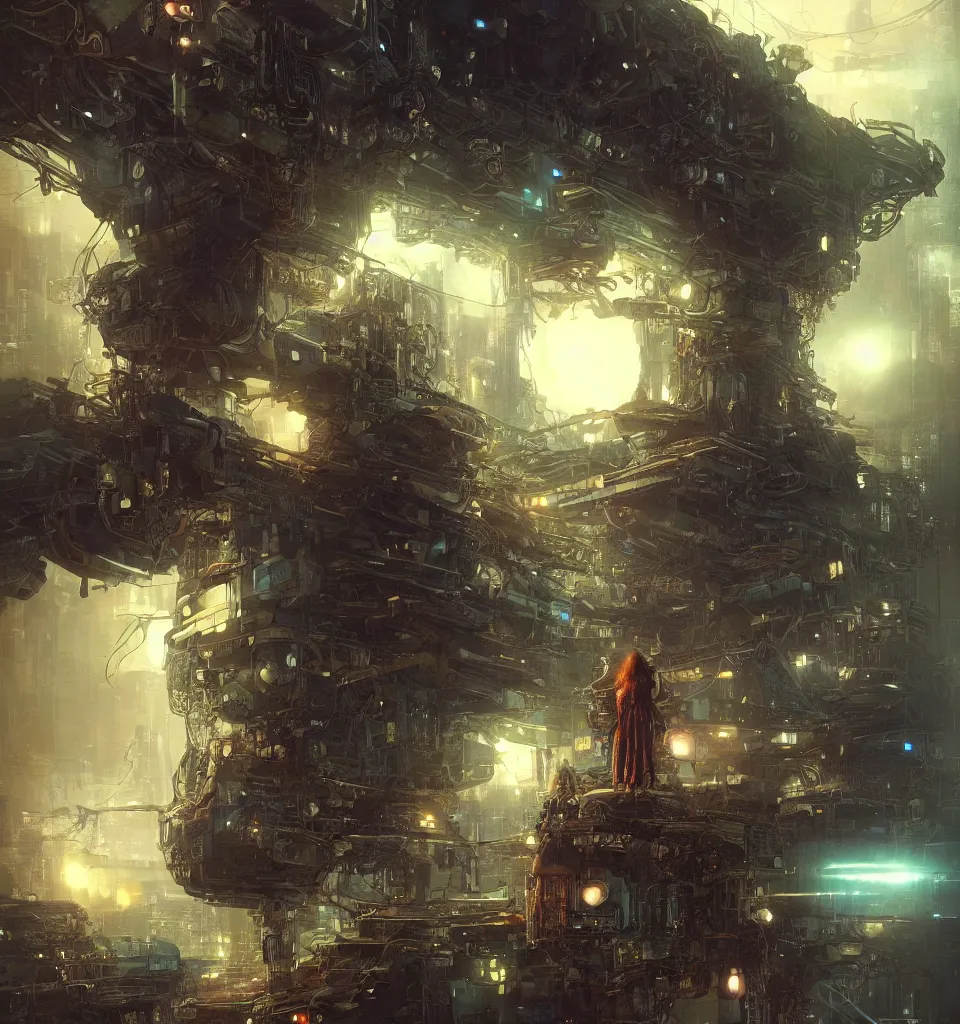 Image similar to small cybernetic traveler, cinematic, highly detailed, octane render, cg, rich cinematic atmosphere, perfect digital art, mystical journey in strange world, Mystical, cyberpunk, sci-fi, surreal, glowing lights, sharp focus, high detailed, by Akihiko Yoshida, michael whelan and Karol Bak