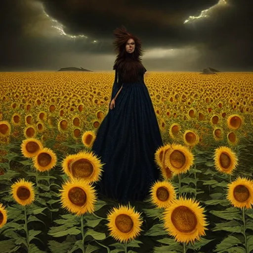 Image similar to by artgerm and agostino arrivabene, visually stunning, cinematic, ultra realistic, hyper realism, epic, octane render, unreal engine, vfx, maya, a girl slowly walking through amazing tall sunflower field, hair flowing, dark clouds incoming, early morning, fungal enchanter, murloc tinyfin, dread infernal, wee whelp, battle ram