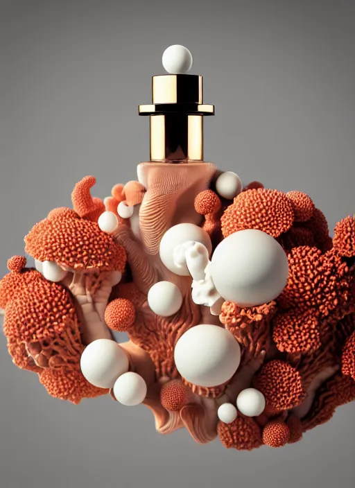 Image similar to perfume bottle surrounded by ivory room well contoured smooth fair walls, up close shot, sharp focus, global illumination, radiant light, biomechanical black corals decor made of corals, mushrooms, puffballs, rhizomorphs, alexandre ferra white mecha, irakli nadar, octane highly render, 4 k, ultra hd,