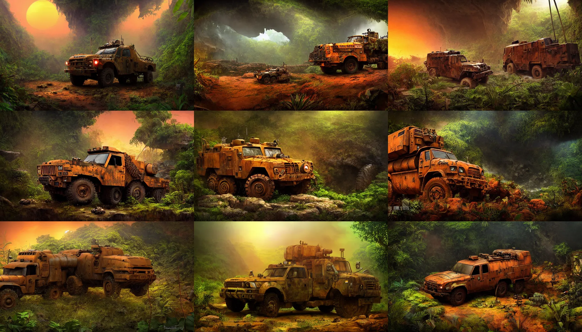 Prompt: a sci fi rusty and dirty military vehicle in a prehistoric jungle cave, lush flora, waterfall, mountains, flowers, vines, orange sky, dark, sunset, hazy, volumetric lighting, rtx on, photorealistic render, beautiful, stunning, ultra - detailed