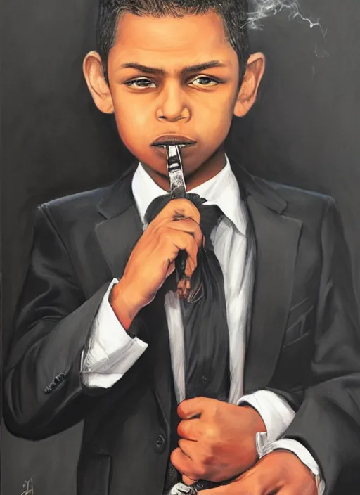 Image similar to portrait of a 7 year old child gang leader, dark gritty, wearing a suit, smoking, very detailed eyes, hyperrealistic, very detailed painting by Glenn Fabry, by Joao Ruas, by Artgerm