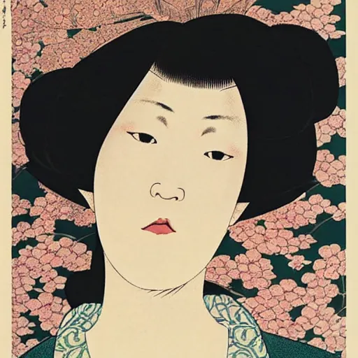 Prompt: woman portrait by ikenaga yasunari and ayana otake and ko rakusui, 6 0 s poster, drawing, realistic, sharp focus, japanese, dreamy, nostalgia, faded, golden hues, floral clothes