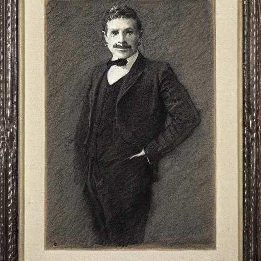 Image similar to portrait of an action hero, suit, tie, smile, by alfred stevens in charcoal