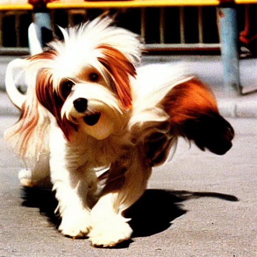 Image similar to “cream colored havanese dog break dancing in New York, 1988, 25mm Kodachrome photography”