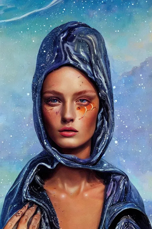 Prompt: hyperrealism oil painting, close-up portrait of beautiful fashion model dressed in cloak and melted cyborg, ocean pattern mixed with star sky in front, in style of classicism mixed with 70s sci-fi book art