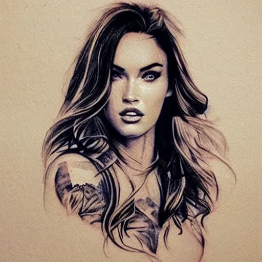 Image similar to double exposure tattoo sketch of megan fox with beautiful mountain scenery, hyper - realistic, in the style of den yakovelev, amazing detail, sharp