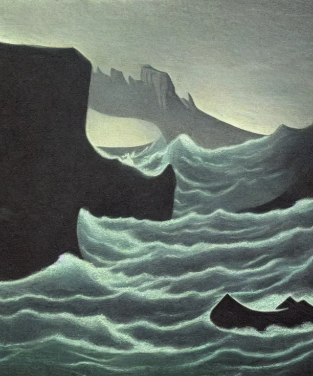 Image similar to photorealistic painting of a 1 9 2 5 seiner sailing near a short tropical cliff with the mouth of a sea cave at the waterline, dark, brooding, atmospheric, lovecraft, horror, smooth, epic, highly detailed, cinematic, lawren harris