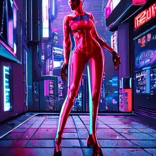 Prompt: An epic comic hyperrealistic full body shot portrait oil painting of a cyber warrrior girl wearing futuristic wardrobe, black and reddis, ultradetailed face expression trending on artstation and artbreeder, cyberpunk 2077 color, heavy rainning at tokyo night, neon light rooftop, unreal 5, DAZ, 8k, unreal 5 engine render, cosplay, RPG portrait, final fantasy Vll world concept, dramatic lighting, rim lights, PS5 render quality