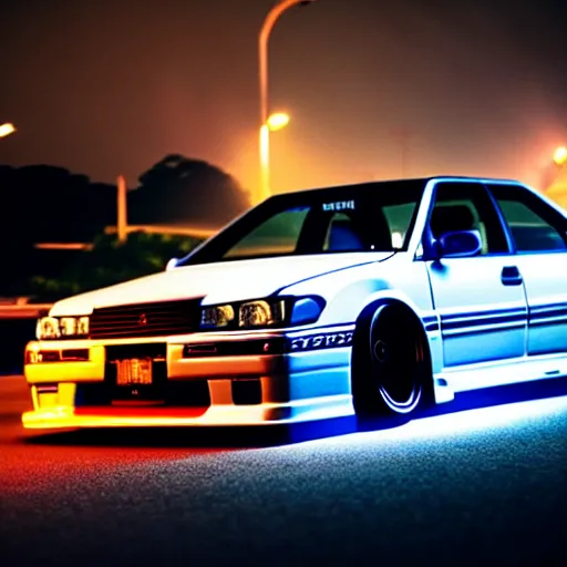 Image similar to a car JZX90 turbo drift at illegal car meet, Chiba prefecture, city midnight mist lights, cinematic color, photorealistic, highly detailed wheels, 200MM