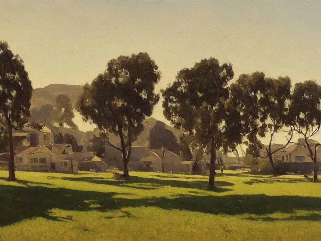 Image similar to a painting of california suburb by peter ilsted