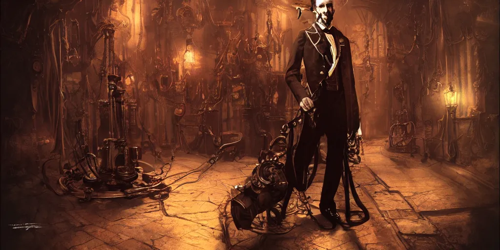 Image similar to portrait of Vincent Price dressed steampunk , photorealism, wide angle,concept art, cinematic atmosphere, dramatic lighting, octane render, 4k, by Bernie Wrightson ,-H 1024