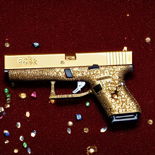 Image similar to a medium shot photograph of a gold glock 18 encrusted with gemstones against a smooth red silk background