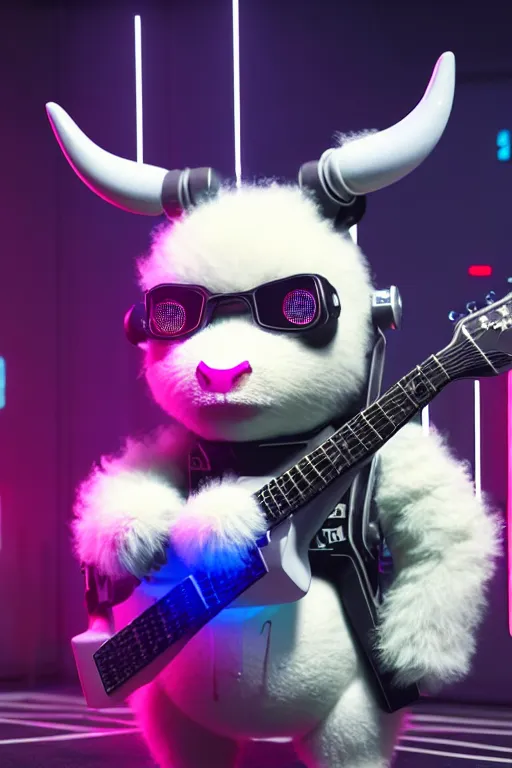 Image similar to high quality 3 d render very cute fluffy! cyborg cow plays guitar, cyberpunk highly detailed, unreal engine cinematic smooth, in the style of blade runner & detective pikachu, hannah yata charlie immer, moody light, low angle, uhd 8 k, sharp focus