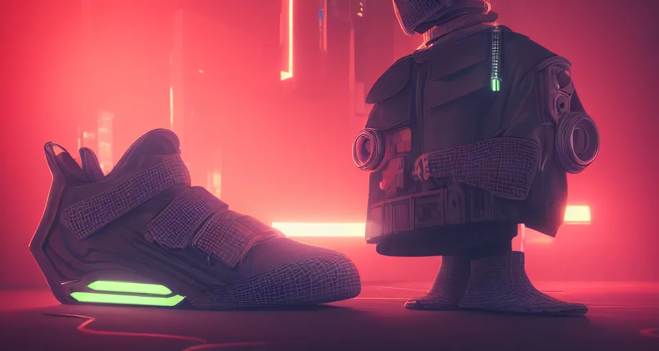 Prompt: realistic 3 d render of a cyberpunk android sneaker, beautiful studio lighting, soft, sharp focus, neon cyberpunk highlights, intricate detail, gold and red accents, soft rubber, octane render, side view, close up, trending on artstation, deviantart, syd mead, moebius