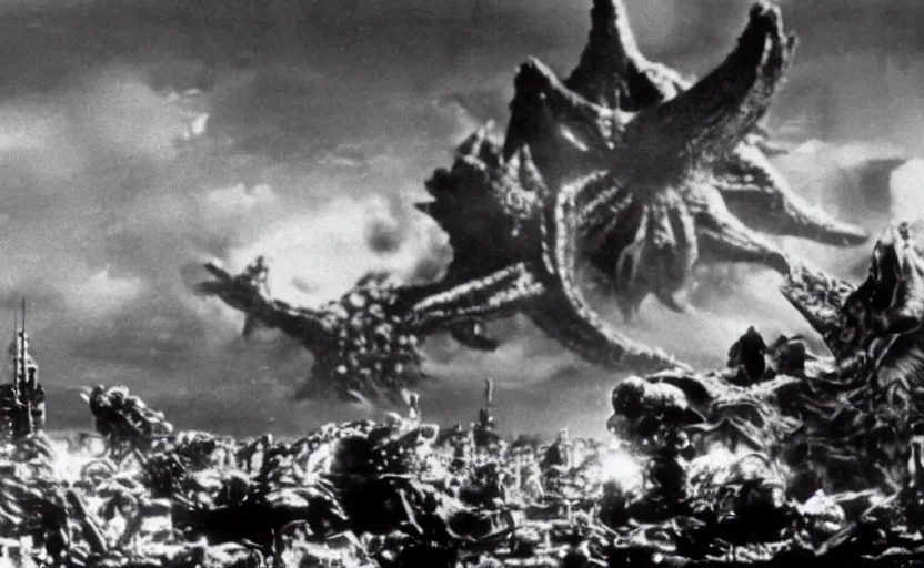 Image similar to a filmstill of Kim Jong-il and a giant starfish monster destroying Pyongyang, in Godzilla (1954) by Ishirō Honda, epic ultrawide shot, cinémascope