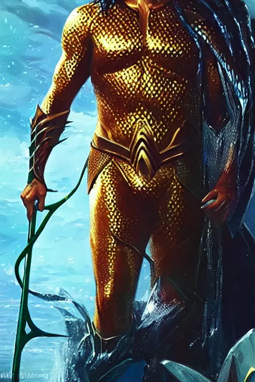 Image similar to Shah Rukh Khan as Aquaman, heroic, portrait, masculine figure, highly detailed, digital painting, artstation, concept art, smooth, sharp focus, illustration, cinematic lighting, art by artgerm and greg rutkowski and alphonse mucha