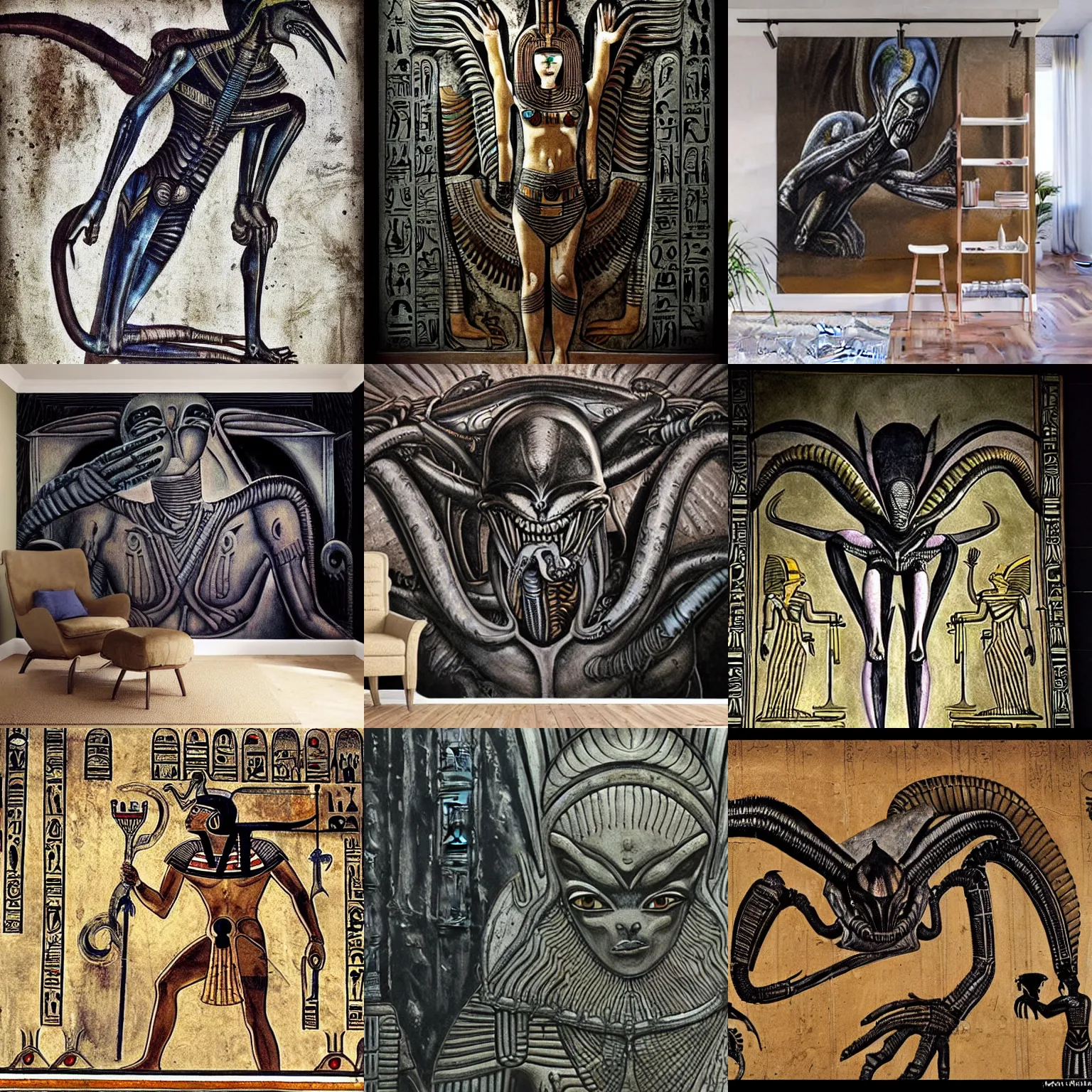 Prompt: ancient egyptian art of [ xenomorph ] [ giger ] alien from ridley scott alien movie, as [ egyptian ] [ mural ]