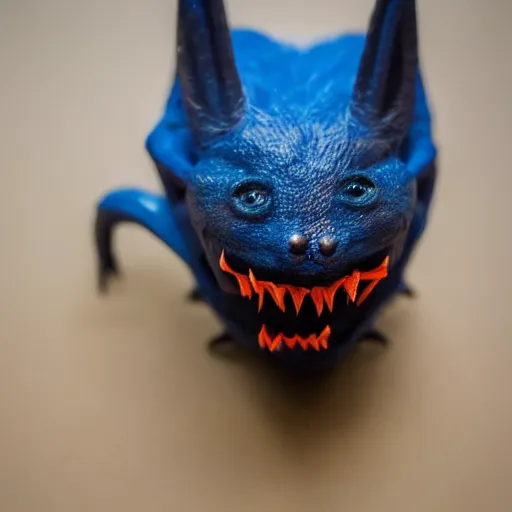 Prompt: detailed full body of scary giant mutant dark blue humanoid pygmy-bat, glowing red eyes, sharp teeth, acid leaking from mouth, realistic, giant, bat ears, bat nose, furred, covered in soft fur, detailed, 85mm f/1.4