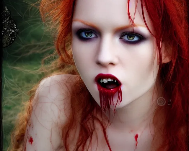 Prompt: award winning 5 5 mm close up face portrait photo of an anesthetic and beautiful redhead vampire lady who looks directly at the camera with bloodred wavy hair, intricate eyes that look like gems and long sharp fangs, in a park by luis royo. rule of thirds.