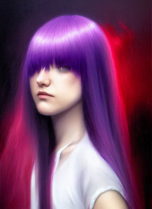 Image similar to hair whitebangs hair, black hair, whitebangs, portrait of teenage girl with white bangs, red irises, purple clothes, white bangs, bangs are different color from hair, intricate, elegant, glowing lights, highly detailed, digital painting, artstation, concept art, smooth, sharp focus, illustration, art by wlop, mars ravelo and greg rutkowski