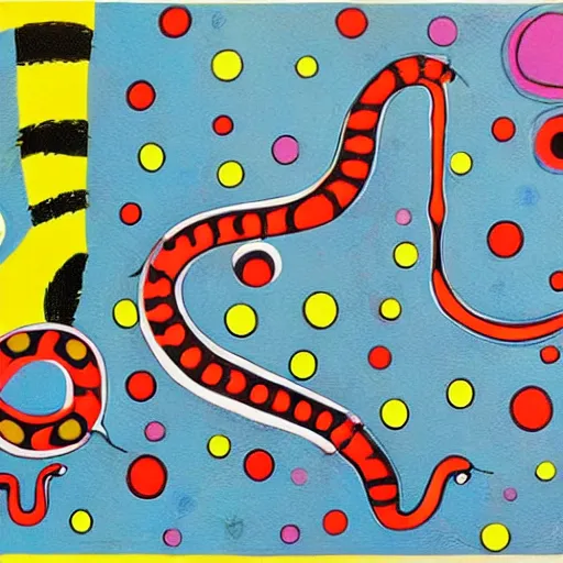 Image similar to A very long dog like a snake chasing its own tail while spinning, suburbian house at the background. in the art style of Yayoi Kusama