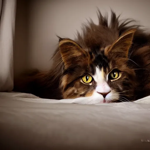 Image similar to very cute huge giant large calico main coon taking up entire bed, stunning eyes, portrait, pixar style, cinematic lighting, award winning creature portrait photography
