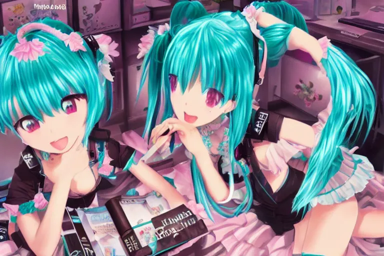 Image similar to fractal hatsune miku playing huniepop, romance novel cover, cookbook photo, in 1 9 9 5, y 2 k cybercore, industrial photography, still from a ridley scott movie