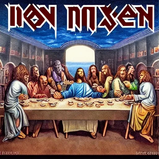 Image similar to the last supper, iron maiden cover album, with undeads