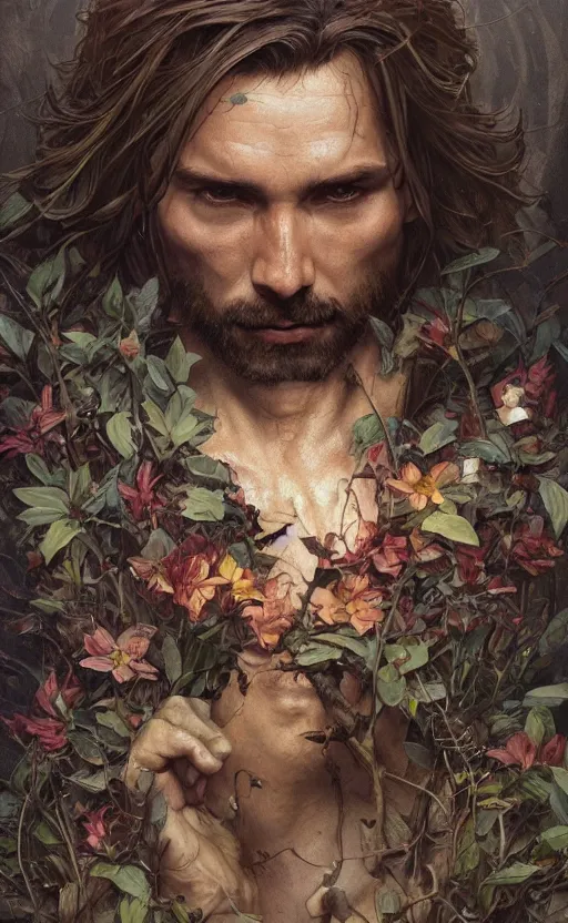 Image similar to god of the forest, 3 0 years old, rugged, male, gorgeous, detailed face, amazing, full body, flowers, muscular, intricate, highly detailed, digital painting, artstation, concept art, sharp focus, illustration, art by greg rutkowski and alphonse mucha