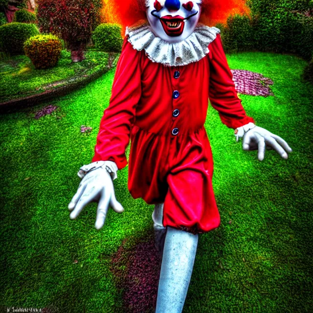 Image similar to creepy clown in your garden, highly detailed, 8 k, hdr, smooth, sharp focus, high resolution, award - winning photo