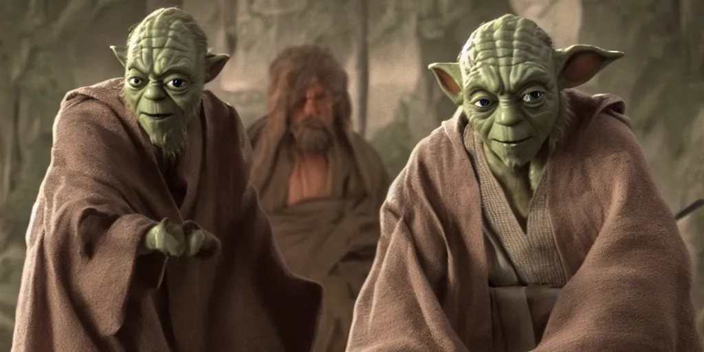 Image similar to obi - wan kenobi disney plus show season 2, jedi master yoda puppet from 1 9 8 0 s empire strikes back, hanging out with old mace windu on dagobah played samuel l jackson ultra realistic faces, 4 k, movie still, uhd, sharp, detailed, cinematic, render, modern