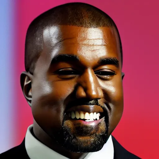 Image similar to kanye west grinning at the camera with his head at an angle and his head being tilted to the right, lots of grain, realistic.