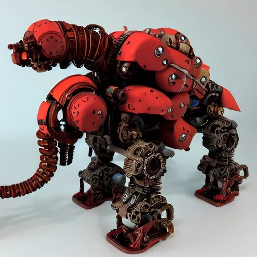 Image similar to kitbashed mechanical elephant, horizon zero dawn style, model kit, wires protruding out, weaponised, red LED eyes