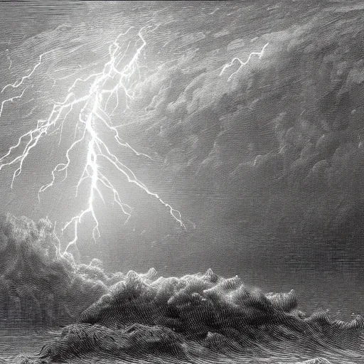 Image similar to drawing of large pepe the frog fighting lightning storm above a stormy ocean, by gustave dore, nineteenth century, black and white, vintage, science fiction, epic composition, dramatic lighting, highly detailed.