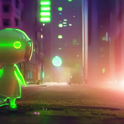 Image similar to cute fumo plush of a glowing green cyberspace hologram girl projected into a cyberpunk city, lens flare, vfx reel, vray