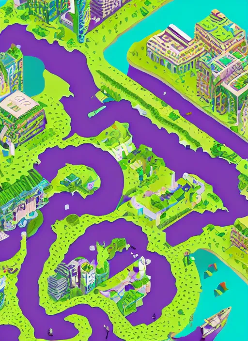 Image similar to isometric snake oil cityscapes islands, green and purple big waterfall, in the ornate snakelike swirled clouds, by krynski and Jeehyun lee