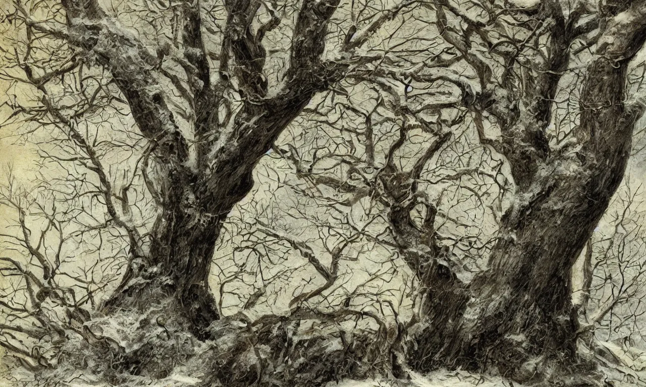 Prompt: old tree fades When the ground rises To catch a flake of snow visual poem in the art style of Peter Paul Rubens