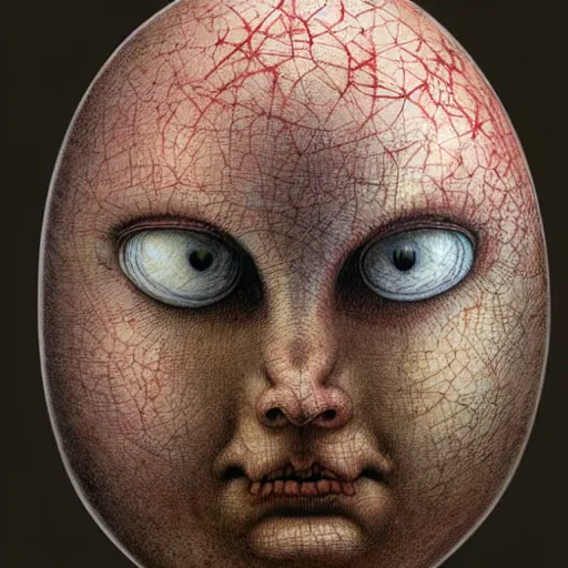 Prompt: humpty dumpty in form of egg, detailed pattern on skin, front view by by luis royo and wayne barlowe, beksinski