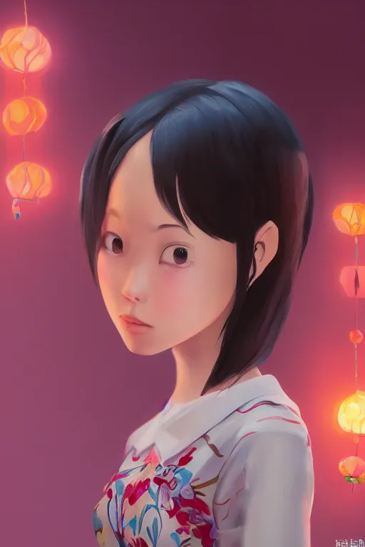 Image similar to a painting of cute Asian girl, short hair, in the style of DreamWorks animation, low angle view, 16mm lens, award winning, hyper detailed, dramatic lighting, artstation, octane renderer, unreal engine