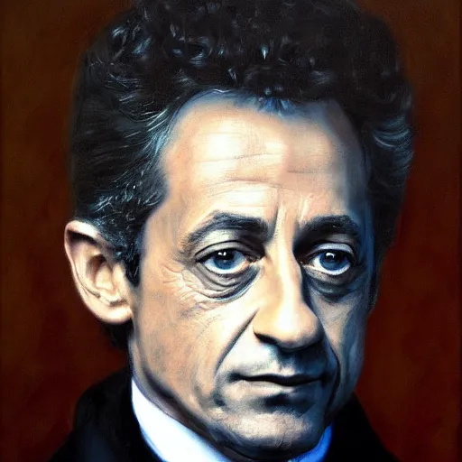 Prompt: painting portrait of Nicolas Sarkozy by Rembrandt, hyperrealism very detailed